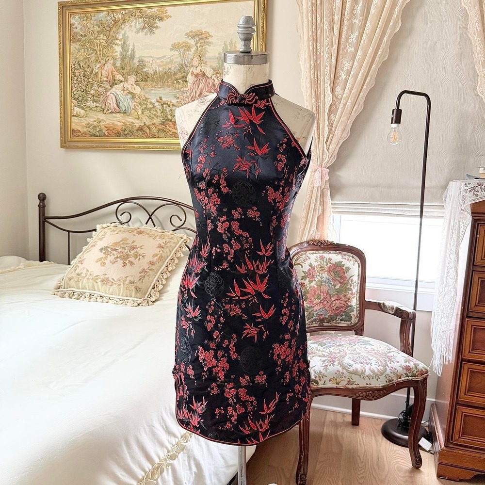 Y2K Silver Dragon medium black and red satin brocade cheongsam mini dress